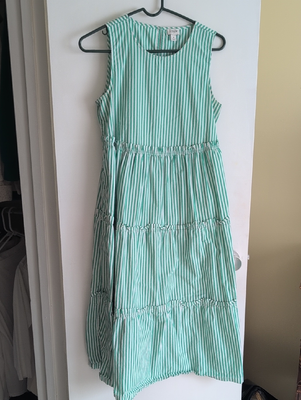 J. Crew Factory Mint Green & White Striped Sleeveless Tiered Midi Dress